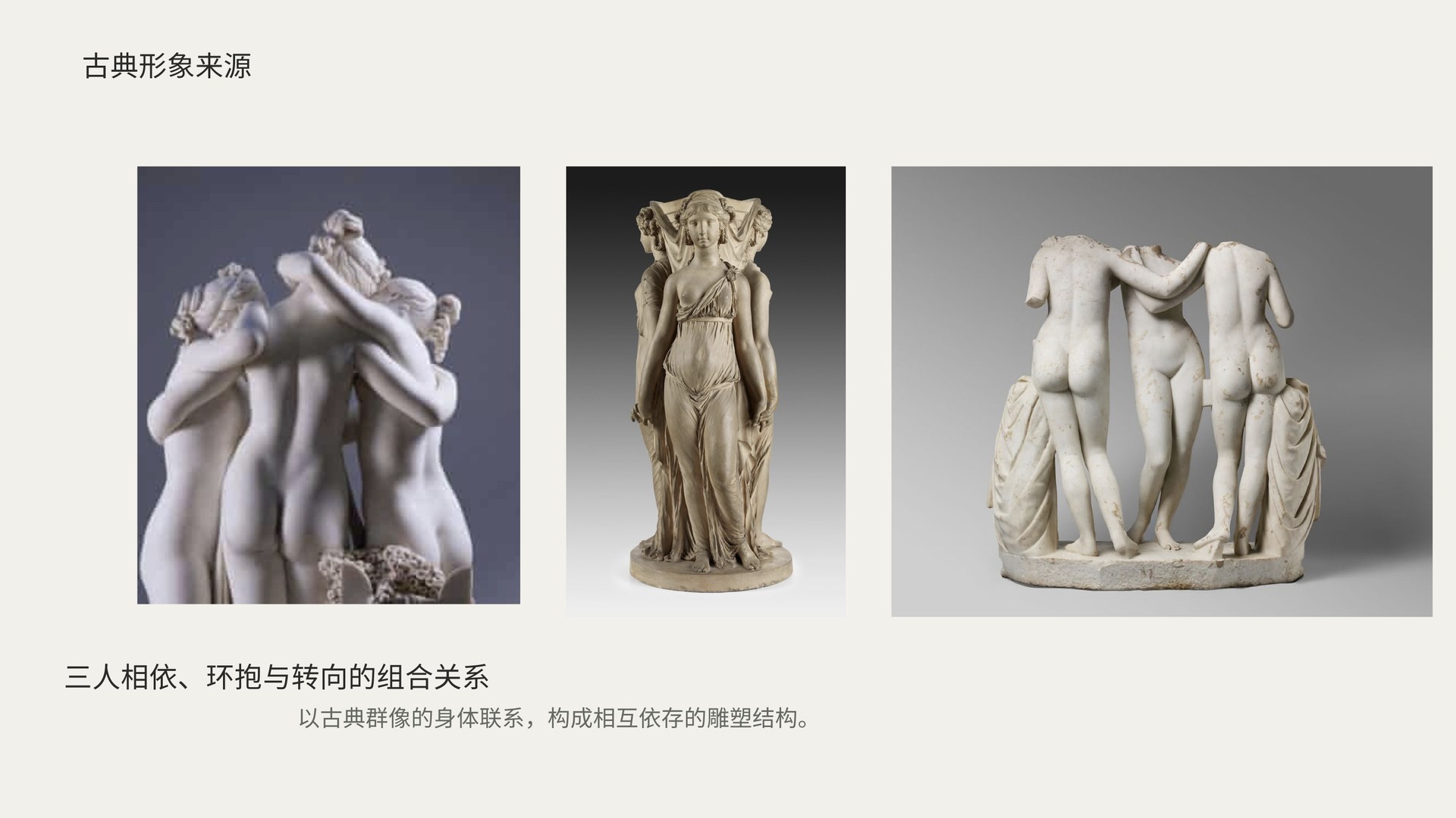 古典形象来源：三人相依、环抱与转向的组合关系